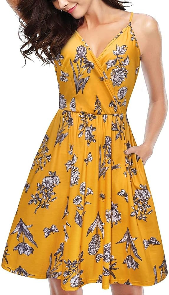 LAISHEN Women's Sundress V Neck Floral Spaghetti Strap Summer Casual Backless Swing Dress with Po... | Amazon (US)