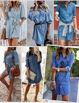Hotouch Womens Denim Shirt Dress Button Down Dress V Neck 3/4 Sleeves Tie Waist Casual Jean Shirt... | Amazon (US)