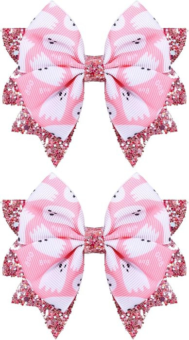 Halloween Pink Ghost Hair Bow Clips for Girls, 2 Pack 3.5" Glitter Hair Ribbon Bow Alligator Clip... | Amazon (US)