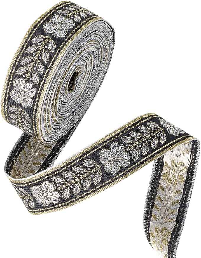 10 Yards Black Floral Jacquard Ribbon Gold Embroidery Trim Tape Boho Flower Woven Embroidered Pol... | Amazon (US)