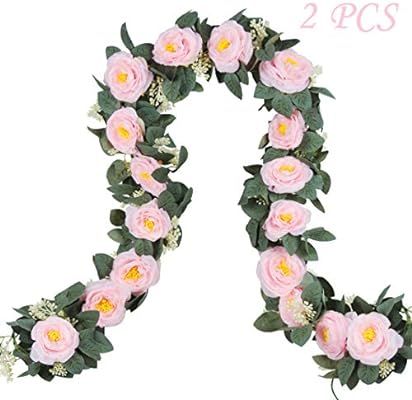 Miracliy 2 PCS 6.5Ft Artificial Rose Vine Seeded Silk Flower Garland Faux Hanging Greenery Leaves... | Amazon (US)