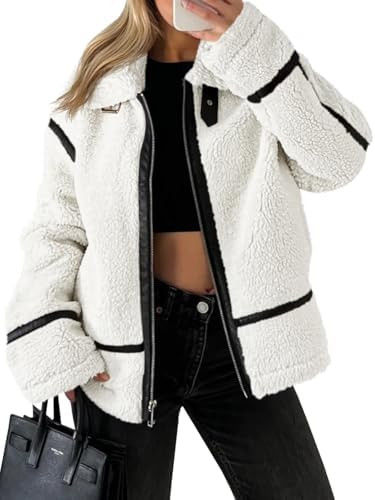 Tankaneo Womens Faux Fur Jackets Winter Trendy Sherpa Moto Leather Patchwork Zip Up Coat | Amazon (US)