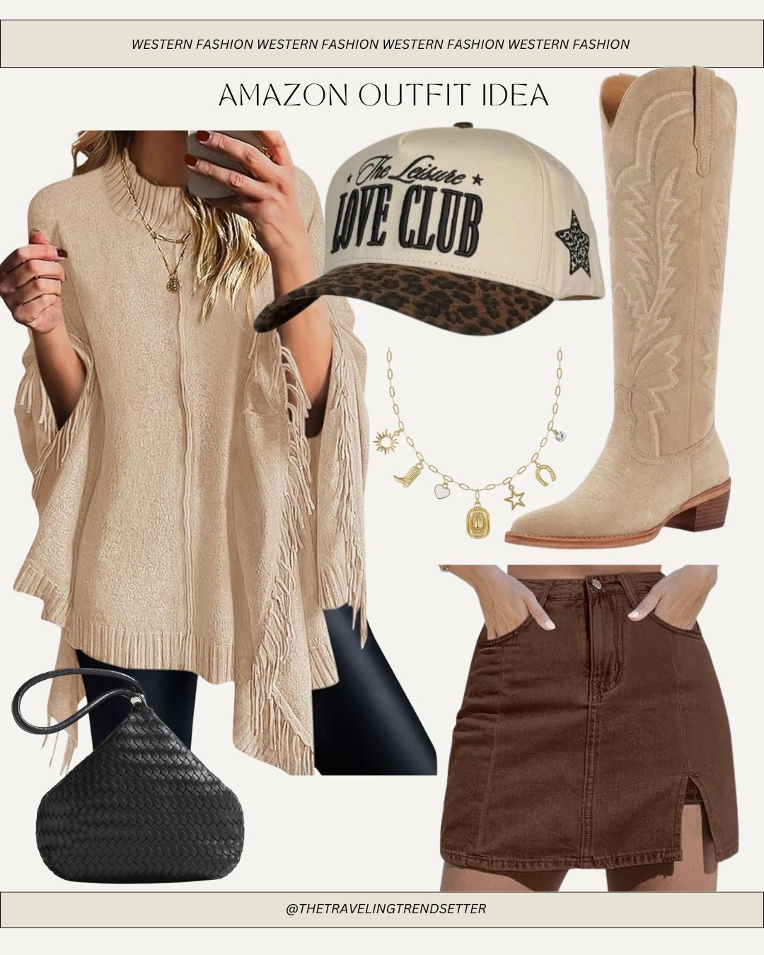Amazon western fall outfit idea - skort with tall tan boots - fringe sweater - black woven purse - trucker hat - country concert outfit idea 

#LTKWorkwear #LTKStyleTip #LTKFindsUnder50