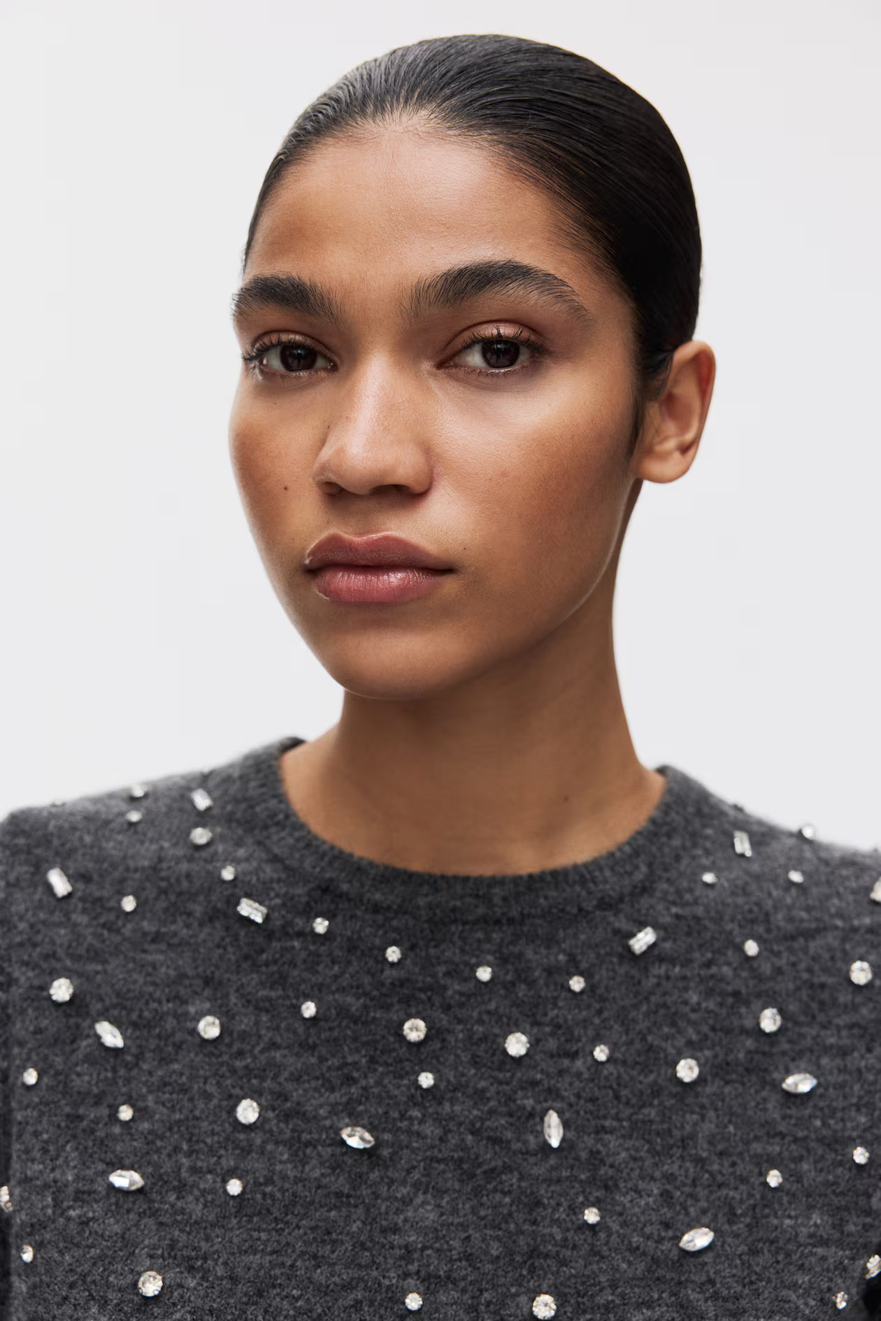 Rhinestone-Embellished Fine-Knit Top - Dark gray melange - Ladies | H&M US | H&M (US + CA)