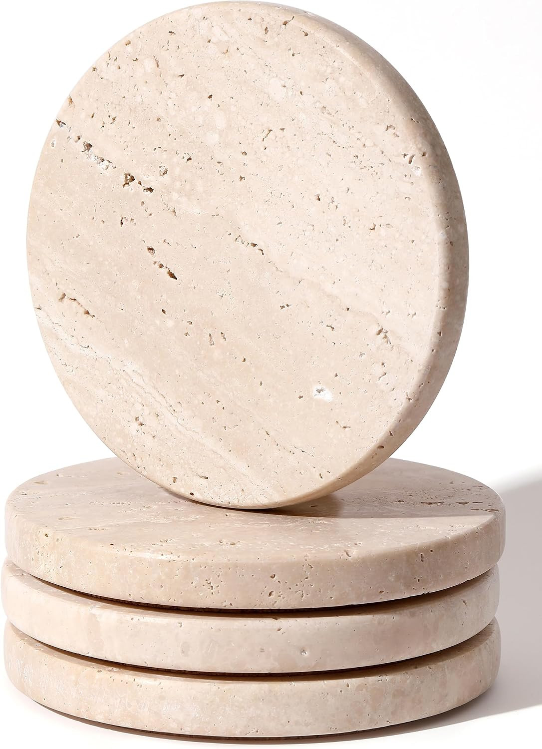CHISELED ST DF SKEnglish Version: Natural Travertine 4" Round Beige Marble Coasters - Set of 4, Perfect Office Coasters and | Amazon (US)