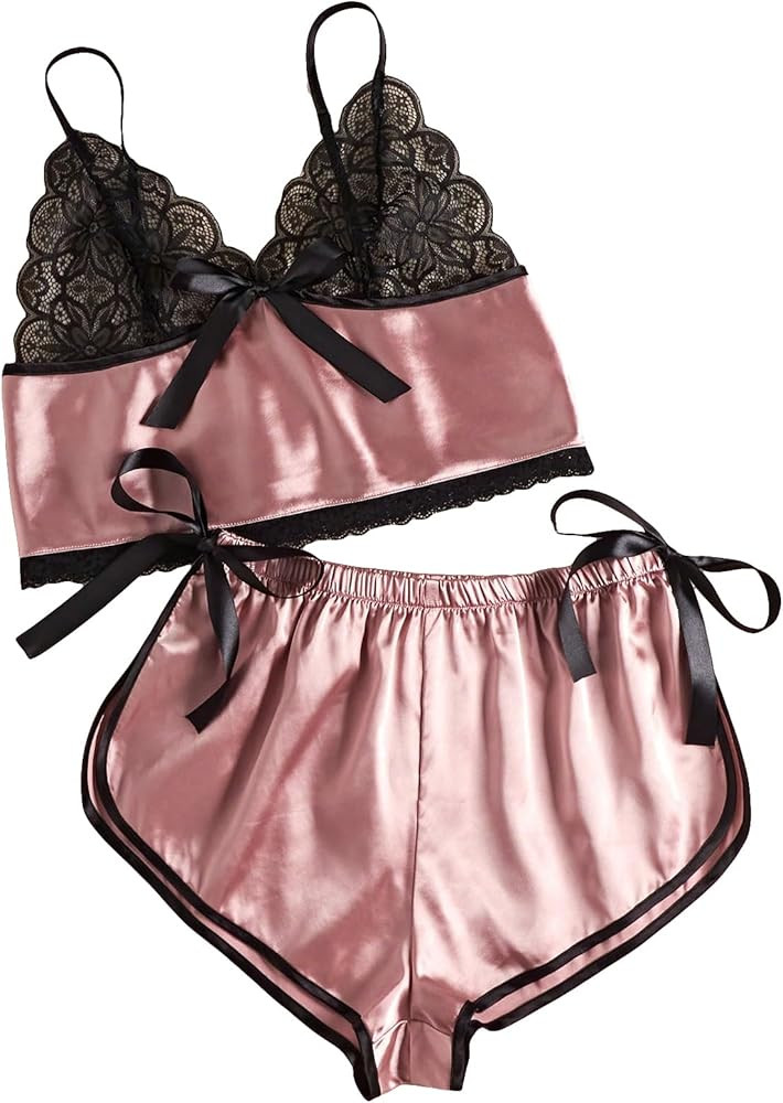 OYOANGLE Women's Plus Size 2 Piece Pajama Set Flora Lace Bow Cami Top and Knot Side Shorts Set | Amazon (US)