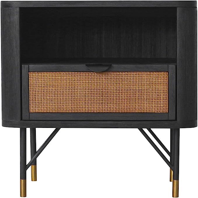 Armen Living Saratoga Nightstand in Black Acacia with Rattan | Amazon (US)