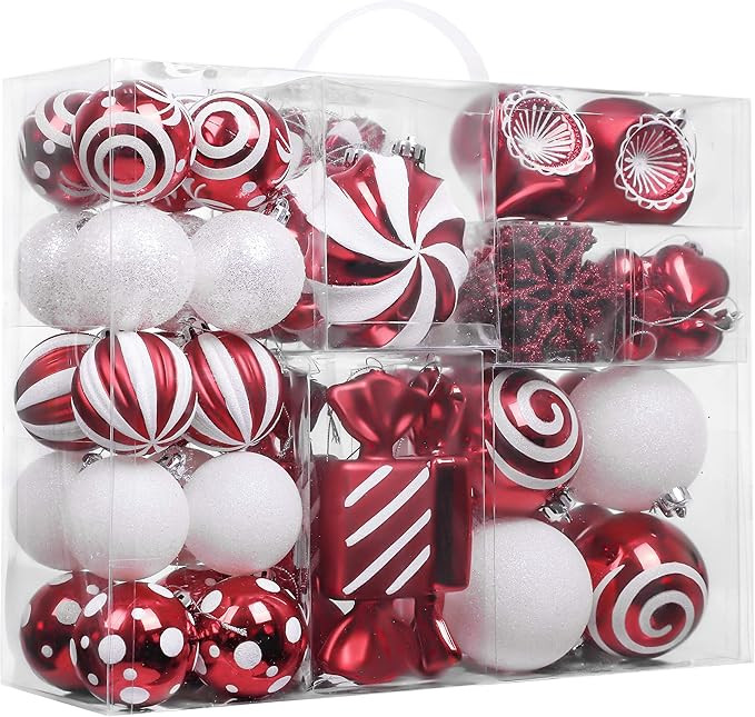 Valery Madelyn Christmas Ornaments Set, 108ct Candy Cane Red and White Shatterproof Christmas Tre... | Amazon (US)
