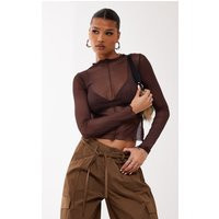 Brown Mesh High Neck Long Sleeve Long Top | PrettyLittleThing UK