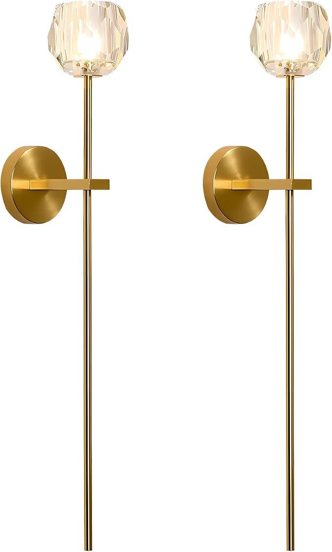 Mid Century Modern Gold Crystal Wall Sconce Set of Two Brushed Brass Gold Long Wall Sconce Lighti... | Amazon (US)