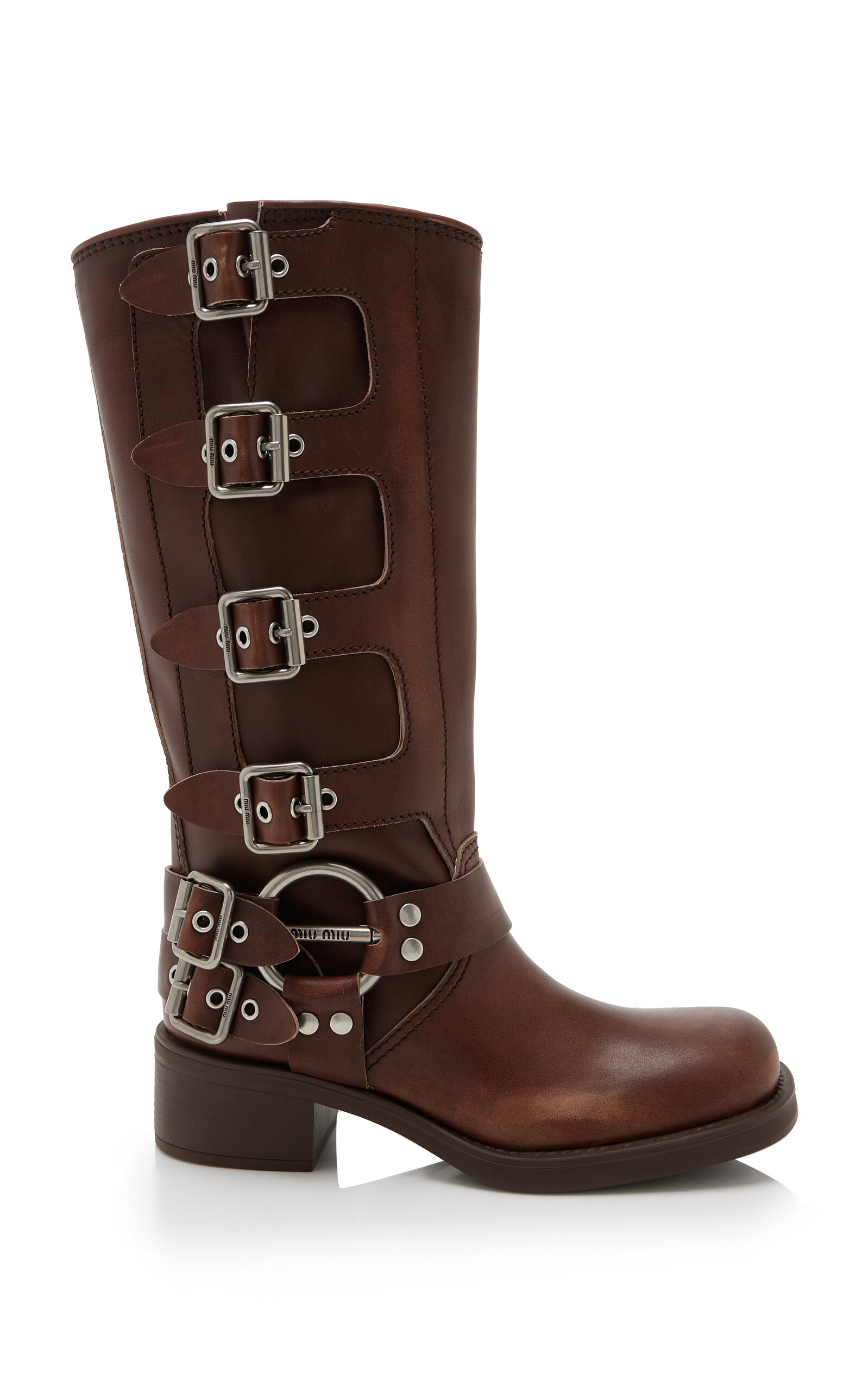 Miu Miu - Stivali Buckle-Detailed Leather Knee Boots - Brown - IT 39.5 - Moda Operandi | Moda Operandi (Global)