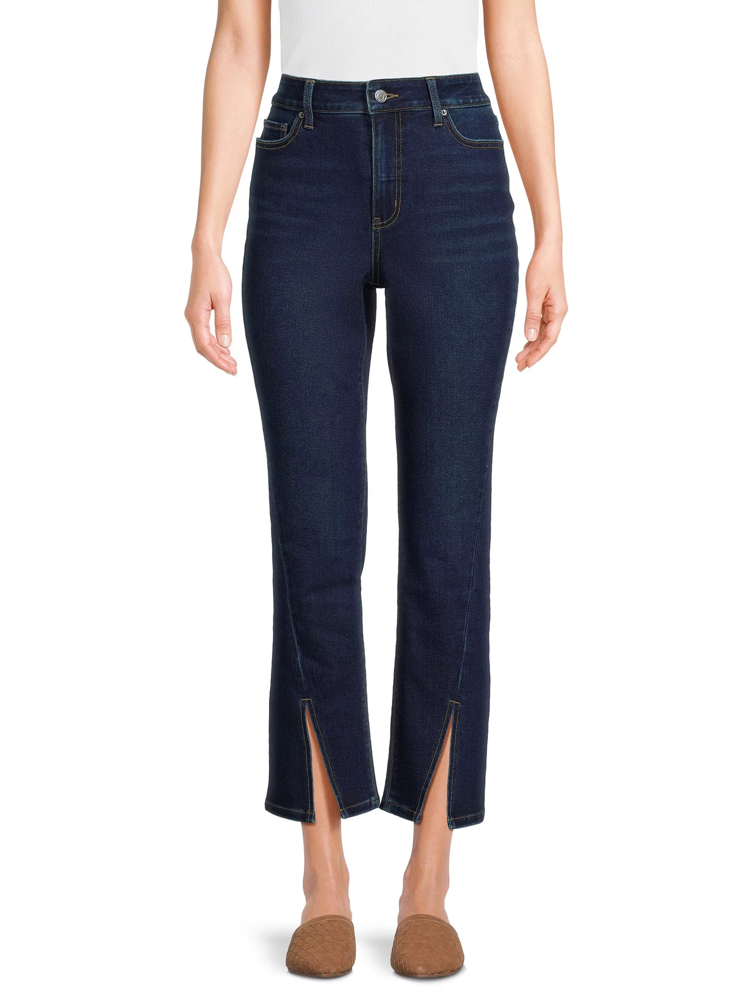 Time and Tru Women's Slit Hem Straight Leg Jeans, 28" Inseam for Regular, Sizes 2-20 | Walmart (US)