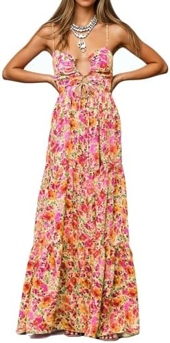 Womens Summer Floral Spaghetti Strap Backless Low Cut Smocked Milkmaid Flowy Beach Sundresses | Amazon (US)