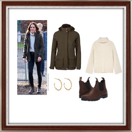Kate Middleton Seeland Woodcock Advanced Jacket, Mark Kenny Domino tan Karlotta sweater, Blundstone classic boots in stout brown, Liv Thurlwell bobble earrings 