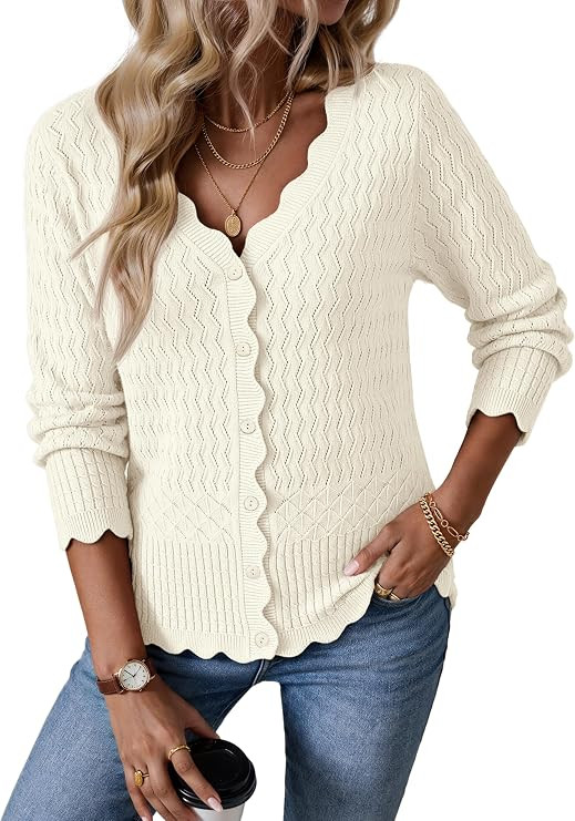MEROKEETY Women's Fall Button Up Cardigan Sweaters Trendy Soft Fashion Tops | Scalloped Long Slee... | Amazon (US)
