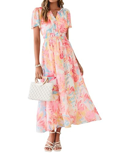 Simplee Women Floral Summer Maxi Dress Boho Flowy Casual Chiffon Short Sleeves V Neck Long Wedding Guest Dresses Red Yellow Floral S | Amazon (US)