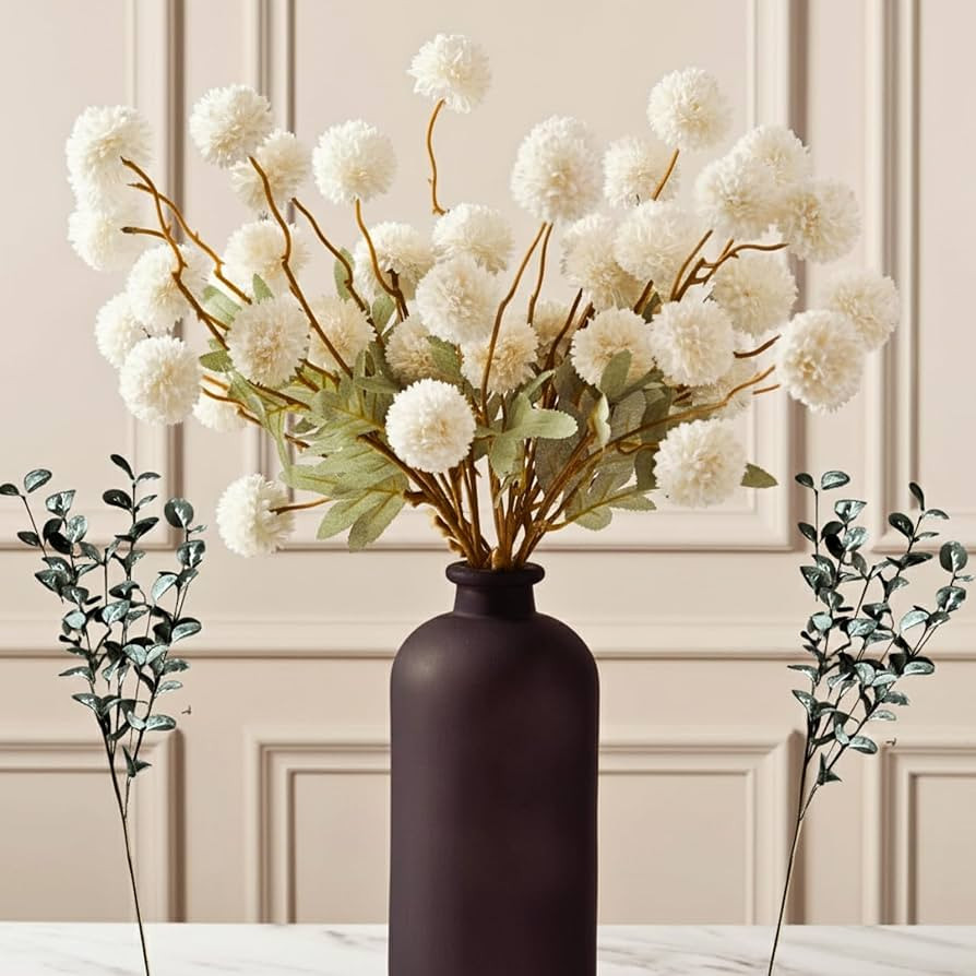 RyddeligHome White Faux Flowers for Vase - Kiku 10 Stems & Eucalyptus, Fake Flowers Stems for Pot... | Amazon (US)