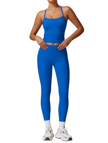 ABOCIW Workout Sets for Women 2 Piece Padded Sports Bra Tank Top High Waist Leggings Sets Active Gym Yoga Work Out Clothes Royal Blue M | Amazon (US)