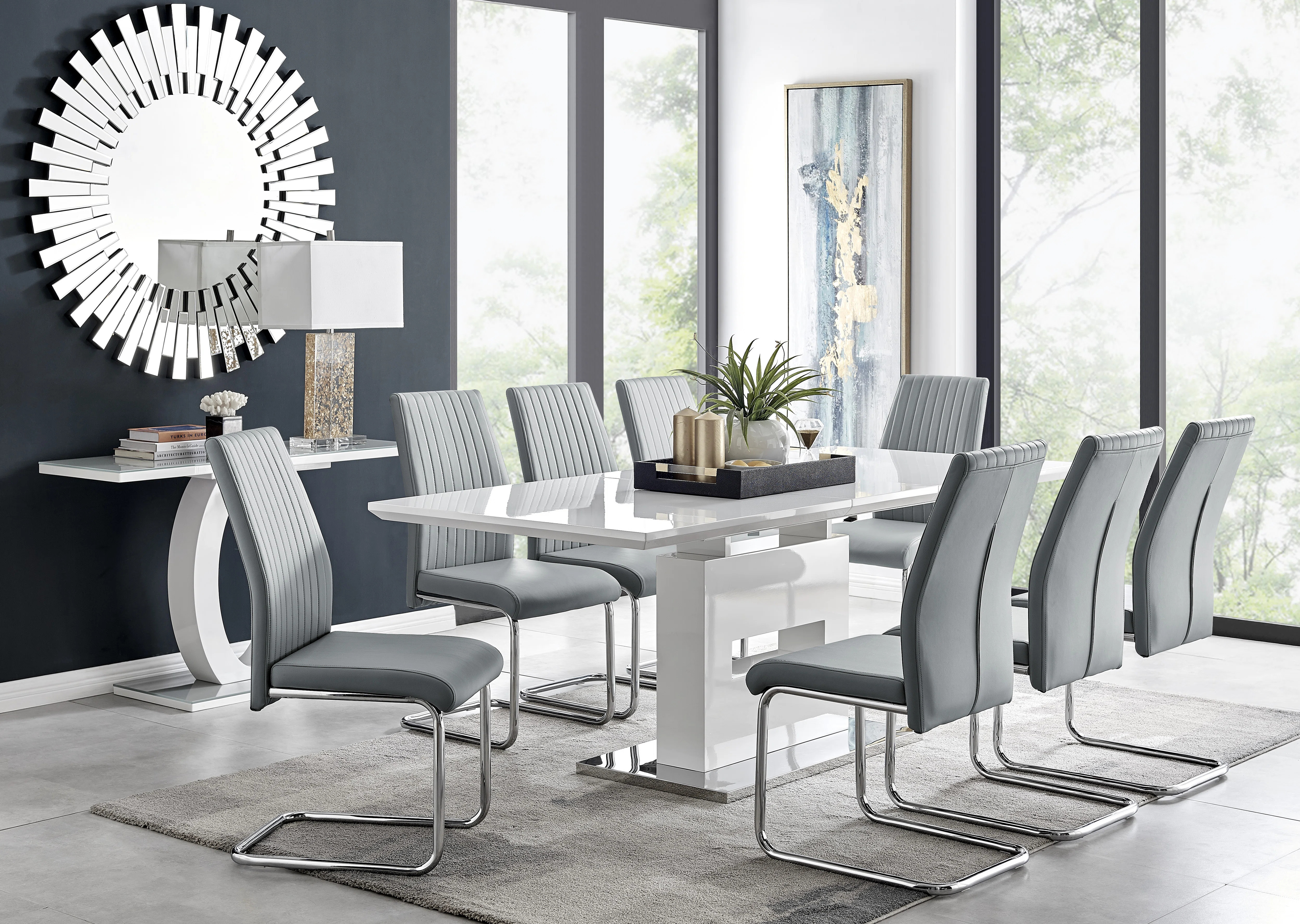 Areza High Gloss Extendable Dining Table Set with 8 Luxury Faux Leather Dining Chairs | Wayfair North America