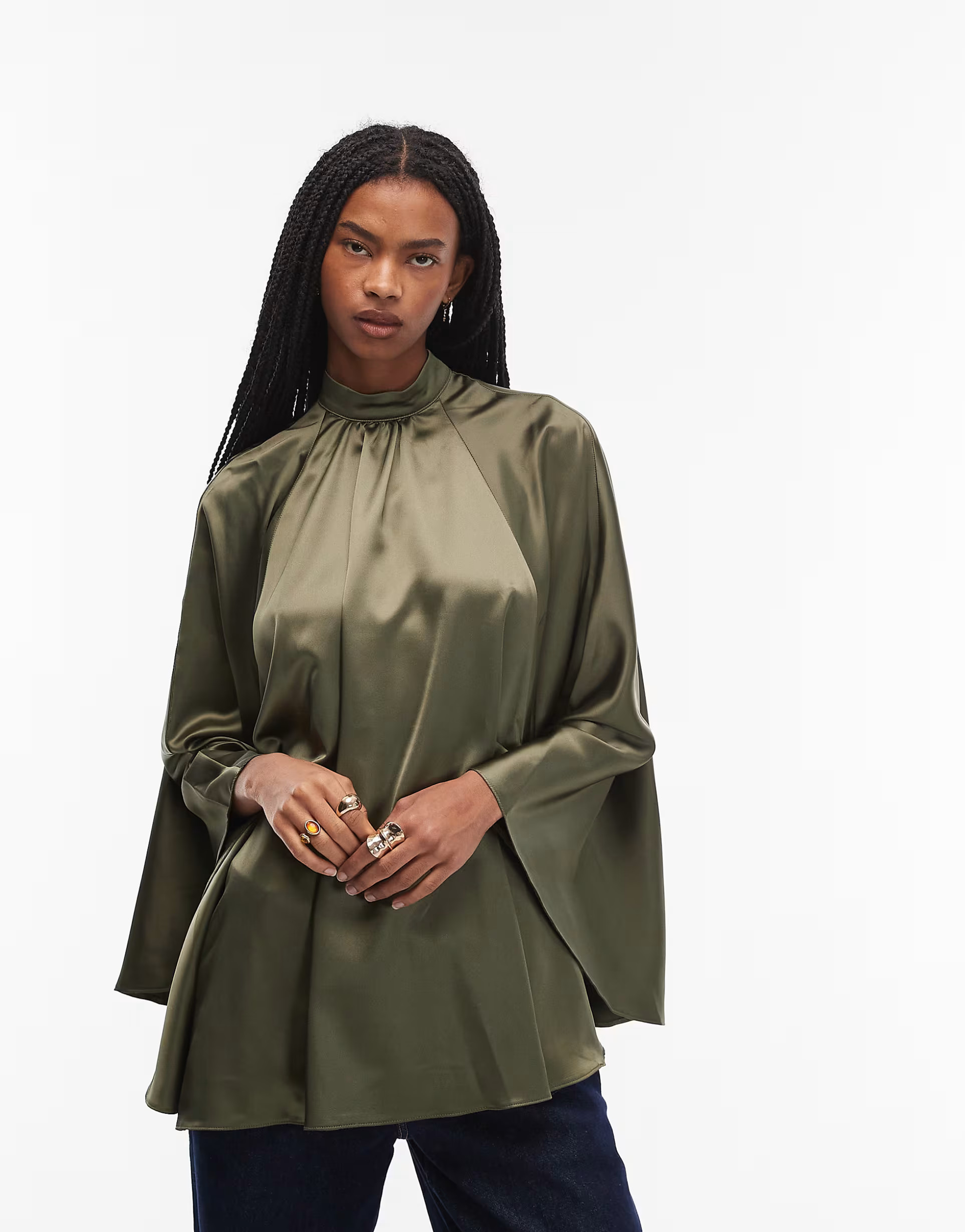 ASOS DESIGN satin volume cape top in dark khaki green | ASOS (Global)