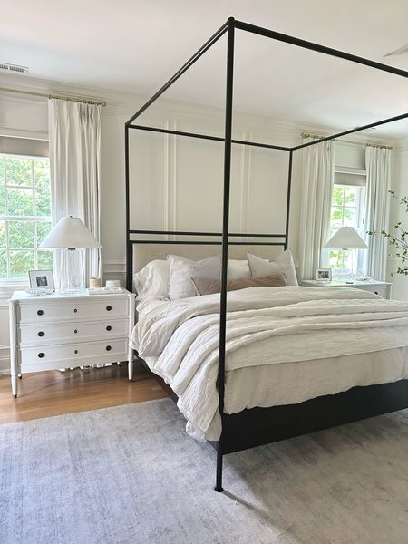 Our bedroom! Nightstands linked here but we had them painted white. Drapery is custom. 

#LTKHome