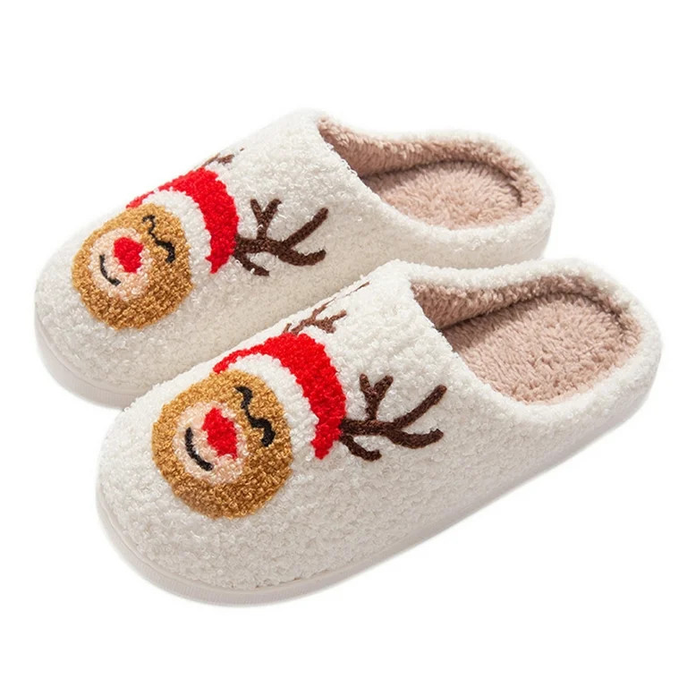 Lovskoo 2024 Women's Novelty Christmas Slippers Cozy Novelty Fuzzy Slippers Cute Curly Reindeer F... | Walmart (US)