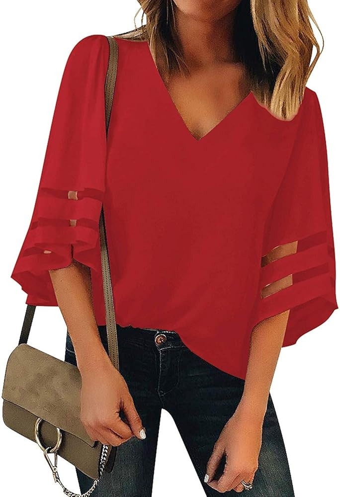 LookbookStore Women's V Neck Mesh Panel Blouse 3/4 Bell Sleeve Loose Top Shirt | Amazon (US)