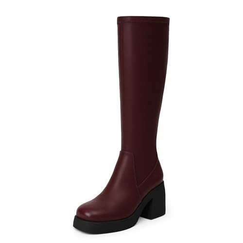Easyfox Tall Burgundy Boots Knee High Boots Square Toe Long Boots Side Zipper Elastic Knee High Boots Size 11 | Amazon (US)