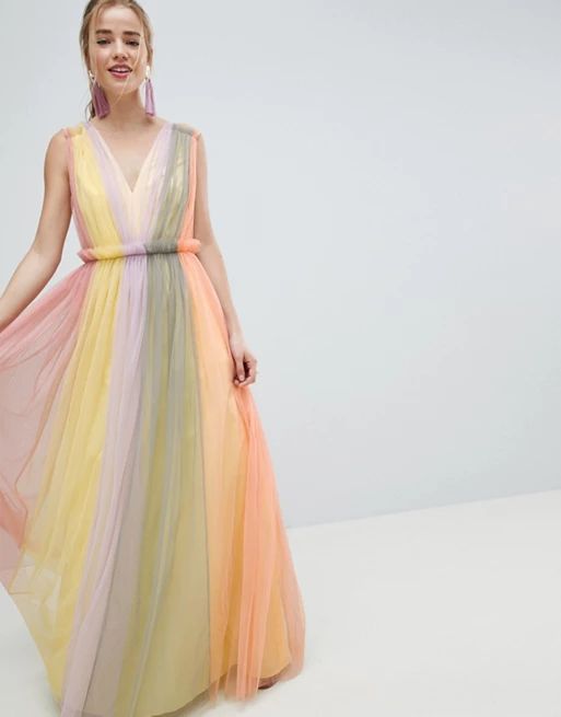 ASOS DESIGN Tulle Maxi Dress In Pastel Color Block | ASOS US