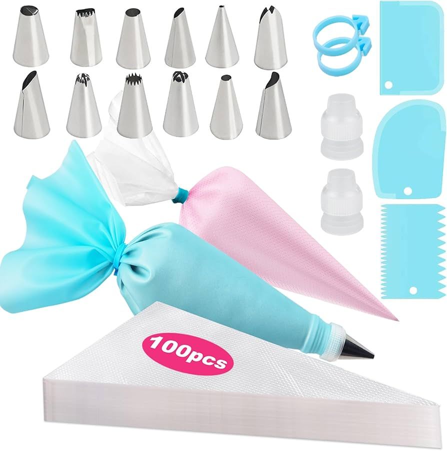 Piping Bags and Tips Set, 100Pcs 12 Inch Piping Bags, Icing Disposable Bags for Cakes Decorating ... | Amazon (US)