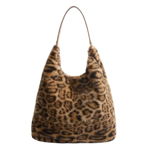 Extolove Leopard Cheetah Print Purse Y2K Slouchy Fuzzy Tote Bags for Women Faux Fur Purses Furry Shoulder Handbag (Brown) | Amazon (US)