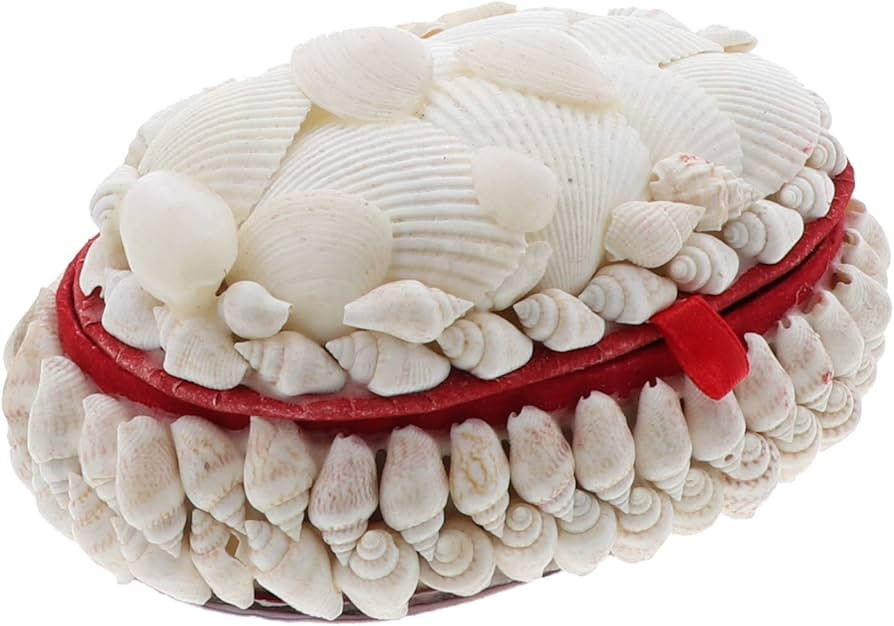 Li'Shay White Seashell Covered Jewelry Trinket Box Treasure Box - 4 Inch - Oval with Red Lining | Amazon (US)