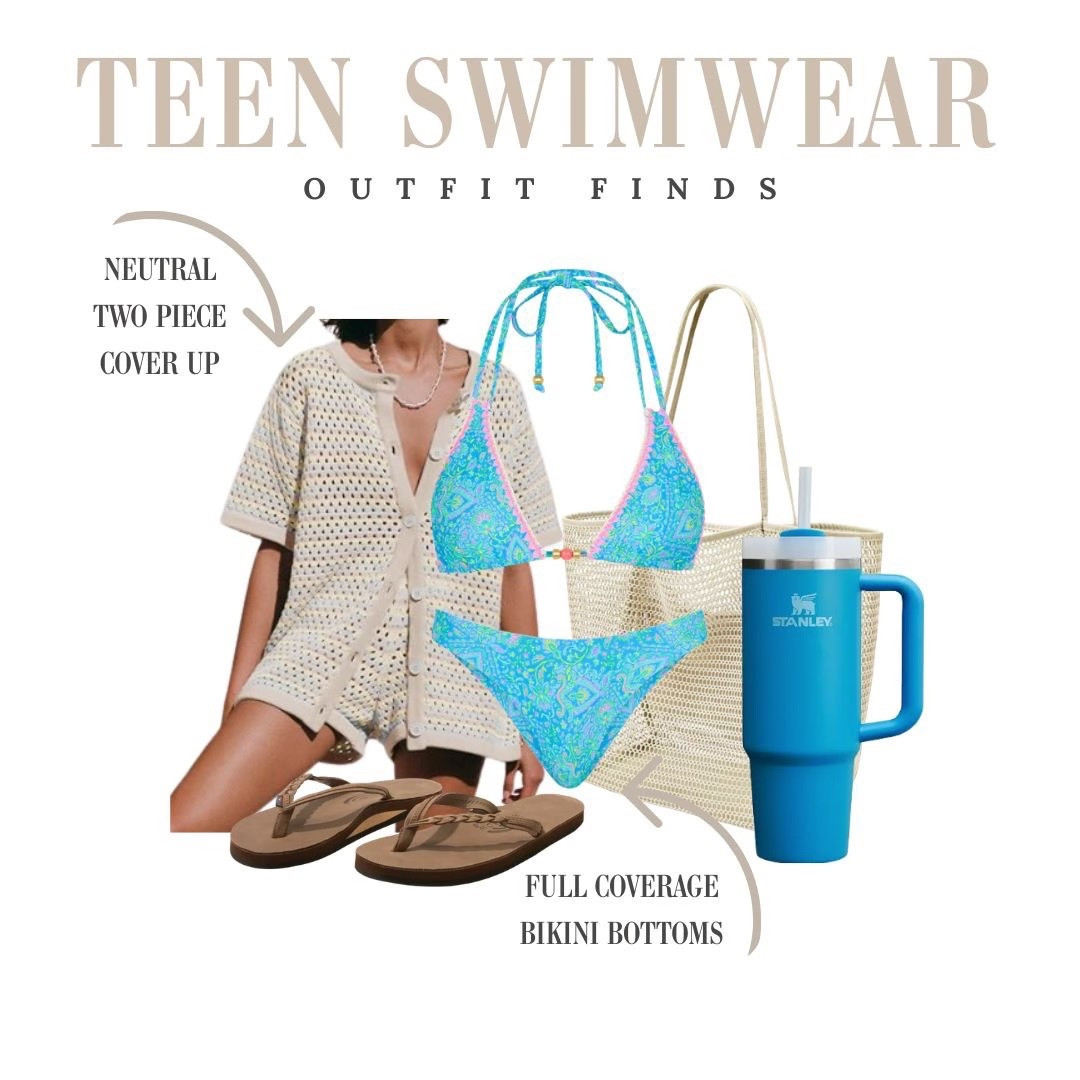 A cute and comfortable teen swim look. The colorful bikini with full coverage bottoms pairs perfectly with the lightweight knit cover up and simple beach accessories.

#LTKOver40 #LTKSeasonal #LTKmomlife
