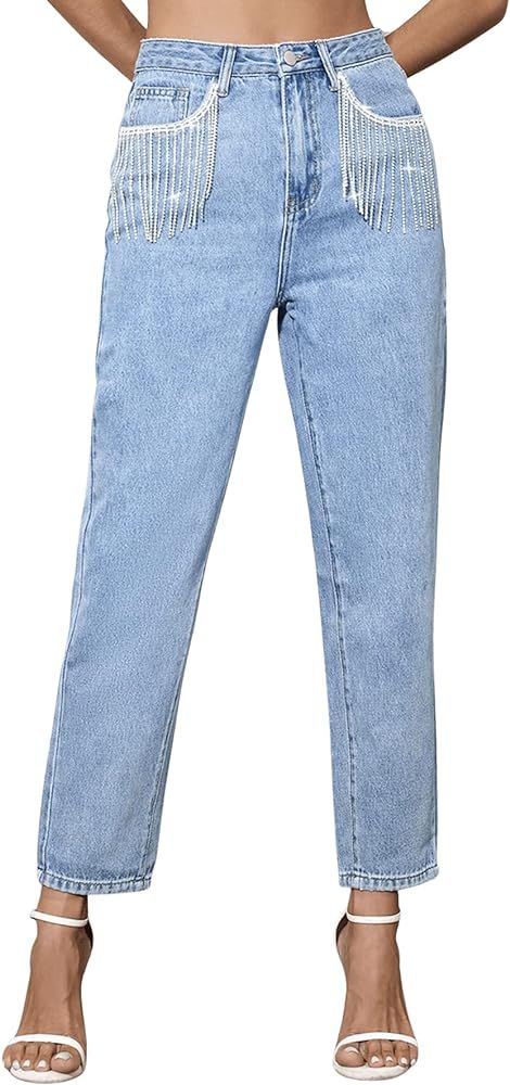 SweatyRocks Women's Casual High Rise Straight Leg Jeans Rhinestone Fringe Trim Denim Pants | Amazon (US)
