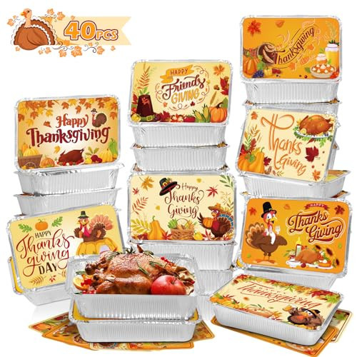 40 PCS Thanksgiving Leftover Containers with Lids,8 Designs Thanksgiving Aluminum To Go Containers Disposable Food Storage Pans for Thanksgiving Hosting & Cookie Exchange Thanksgiving Party Supplies | Amazon (US)