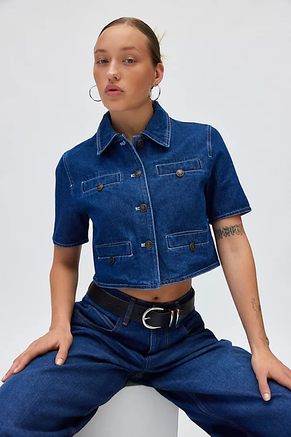 Lioness Halston Short Sleeve Cropped Denim Top in Tinted Denim, Women's at Urban Outfitters | Urban Outfitters (US and RoW)
