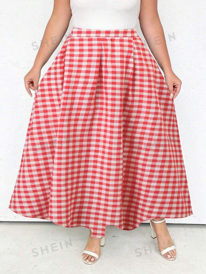 SHEIN Essnce Plus Size Women's Plaid Midi Skirt | SHEIN