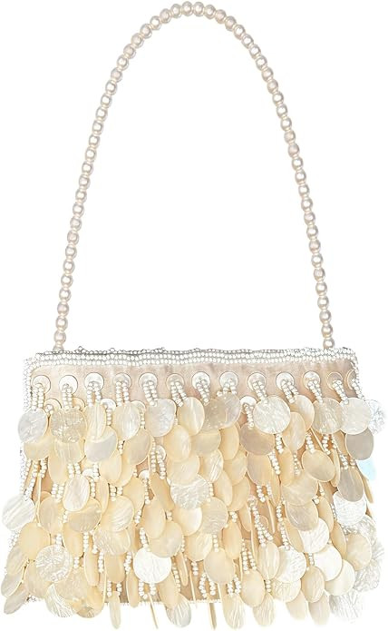 Faux Shell Sequin Evening Bag Sparkly Clutch Purse with Pearl Handle | Amazon (US)
