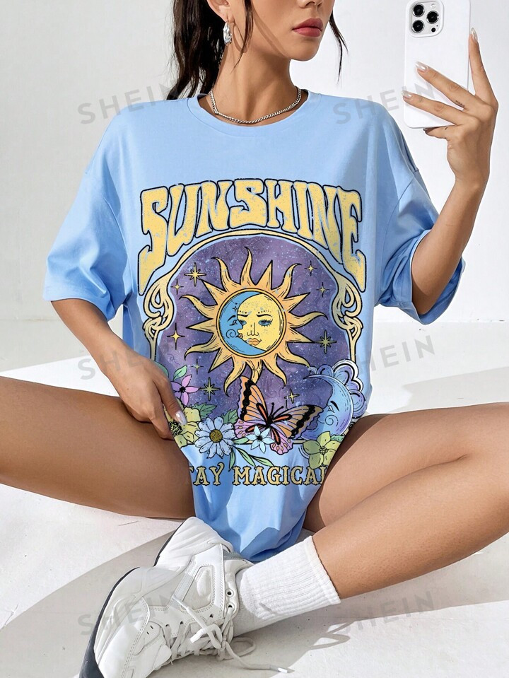 SHEIN EZwear Women's Loose Fit Casual Simple Cartoon & Letter Print Short Sleeve Round Neck T-Shi... | SHEIN