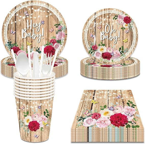 78PCS Oh Baby Party Supplies Tableware, Lace Rustic Floral Party Decorations for Baby Shower Wood... | Amazon (US)