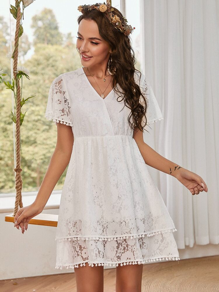 Lace Pom Pom Detail Dress | SHEIN