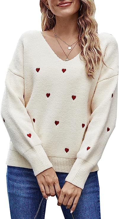 ECOWISH Women Valentine Heart Sweater V Neck Embroidery Knit Loose Casual Long Sleeve Ribbed Pull... | Amazon (US)