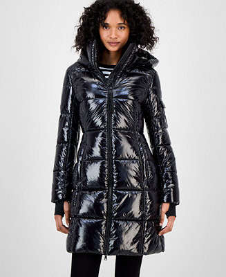 Women's Hooded Thumbhole-Cuff Shine Puffer Coat | Macy's