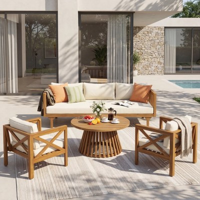 Christopher Knight Home Claremont Patio Modern Acacia Wood 4-Piece Conversation Set Cushions, Teak/Beige | Target