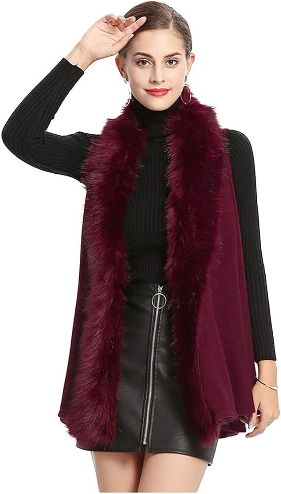 Tngan Womens Long Waistcoat Fuax Fur Trim Winter Vest Sleeveless Cardigan | Amazon (US)