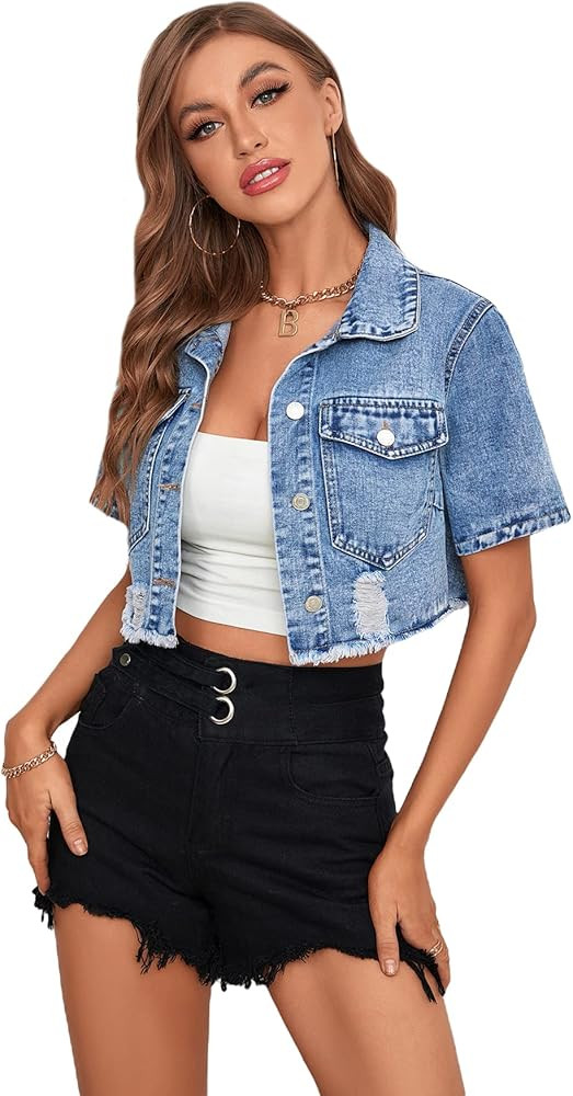 Floerns Women's Casual Button Front Ripped Short Sleeve Jacket Crop Top | Amazon (US)