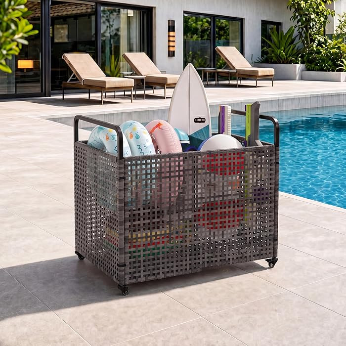 Garvee Pool Float Storage Organizer with Wheels, Outdoor Wicker Rattan Rolling Cart for Pool Toys... | Amazon (US)