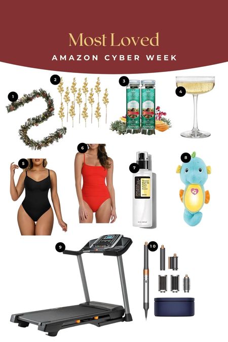 Most Loved Amazon items through Cyber Week! Garland, berry stems, Christmas tree scented sticks, coupe glasses, body suit, bathing suit, snail serum, seahorse baby toy, treadmill, and Dyson airwrap.

#LTKsalealert #LTKGiftGuide #LTKCyberWeek