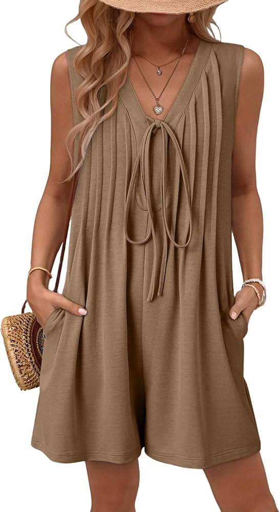 AlvaQ Womens Rompers Summer Loose Sleeveless Pleated Tie Front V Neck Shorts Jumpsuits with Pocke... | Amazon (US)