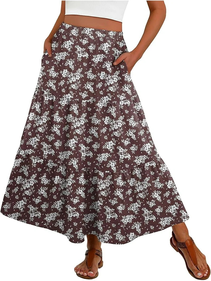 JWD Summer Maxi Skirt for Women Boho Lightweight Flowy Tiered Long Beach Skirts with Pockets Brow... | Walmart (US)